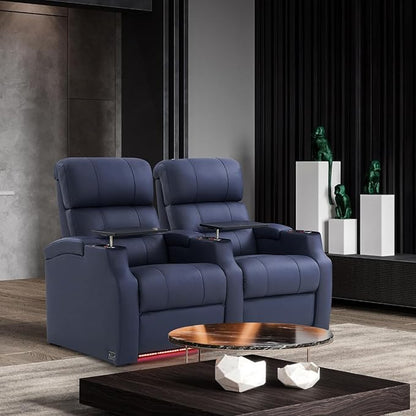 Weilianda Home Theater Seating, Top Grain Leather Sectional Seats Recliner Chair, Zero Gravity Reclining Sofa with Power Headrest 7 Colors Ambient Lighting USB C Charge Row of 3 Loveseat Left Blue