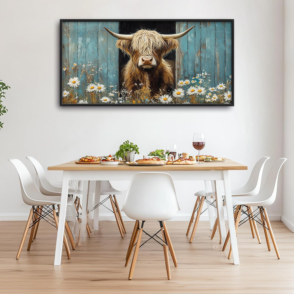 Large Farmhouse Highland Cow Country Wall Art for Living Room, Floral Canvas Oversized Wall Decor, Daisy Flower Animal Framed Pictures Painting Print Artwork for Bedroom Office 60"L x 30"W