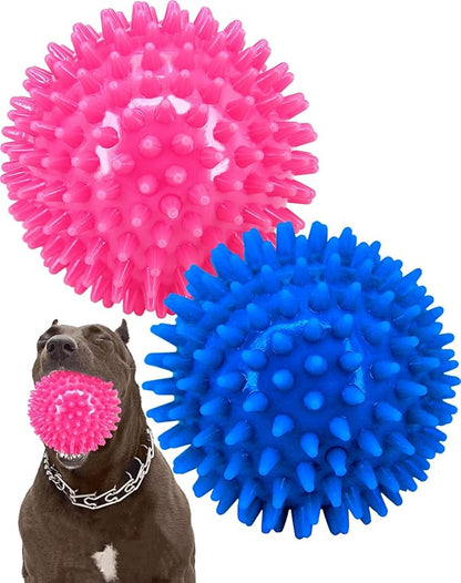 4.5” Heavy Duty Squeaky Dog Balls for Medium Large Dogs, Dog Toys for Aggressive Chewers, Spike Ball Toys for Clean Teeth and Training(2 Pack) (4.5" red and Blue)