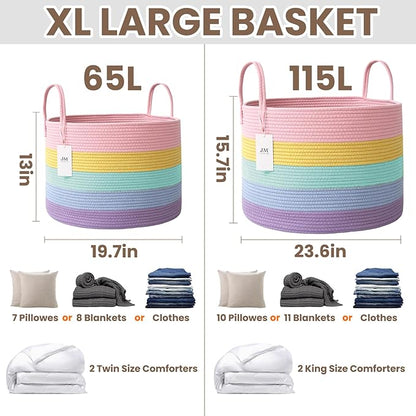 115L Extra Large Blanket Basket for Living Room - Woven Cotton Rope Laundry Hamper with Reinforced Handles - Storage Bin for Pillows, Comforters & Toys - Machine Washable,Rainbow