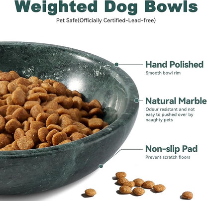 Natural Marble Cat Bowl, Weighted 1.5lb Cat Food Bowl for Cat and Small Dog, Small Animal Pet Food Dish Non-Slip, Shallow Dish for Whisker Fatigue Relief, Premium Green Stone for Home Decor
