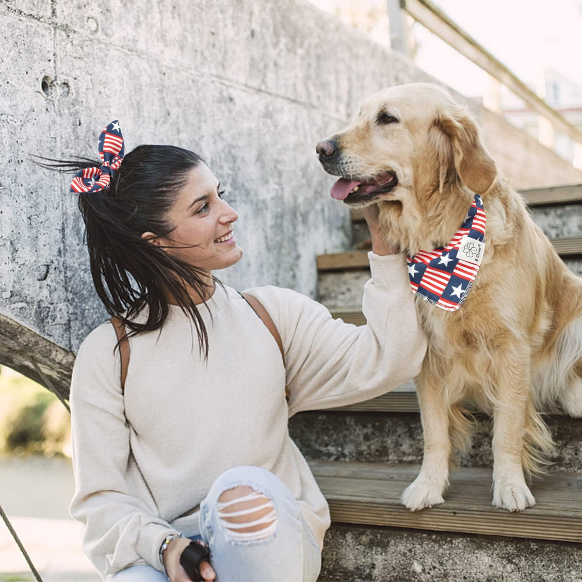 E-Clover 4th of July Dog Bandanas & Matching Scrunchie Set American Flag Dog Scarf Washable Patriotic Pet Bandana Kerchief Bibs for Medium Large Dogs Owner Gifts