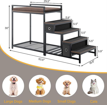 kepptory Dog/Cat Window Perch with Stairs and Seat Cushion, Pet Bunk Bed with Storage Drawers, Bedside Dogs Cot for Small, Medium Cats & Dogs, Pet Stairs Ramp(Brown)