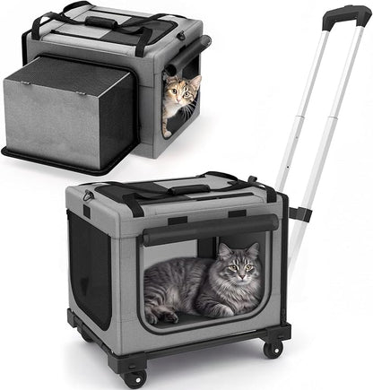 Rolling Cat Carrier with Wheels, 16.5 x 13 x 11.8 in, Light Gray | Expandable, foldable soft-sided carrier with detachable wheels and telescopic handle for cats and small dogs