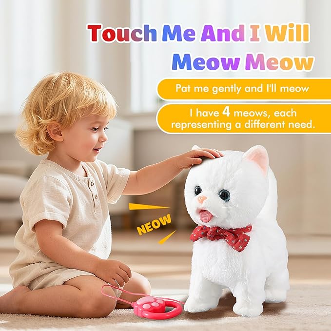 White Leash Walking Cat Set Interactive Talking Cat Singing Dancing Kitten Mimicking Repeat What You Say Kitty Touch and Voice Control Nodding Wagging Tail Plush Electric Kitty for Kid Gril