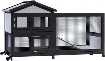 Rabbit Hutch 58" Rabbit Cage Outdoor&Indoor 2-Story Chicken Coop Guinea Pig Cage on Wheels Bunny Cage with 3 Deep No Leakage Pull Out Tray,Waterproof Roof (Black)