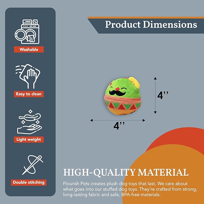 Flourish Pets 2 in 1 Multi-Layer Chew Toy for Active Dogs | Non-Toxic BPA Free Double Stitched Soft Fabric Exterior Dog Toys | Long-Lasting Dog Plush Toys – Mr. Guac 3.5"