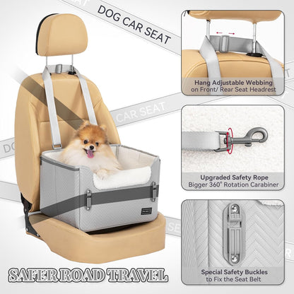 PETSFIT Dog Booster Car Seat, Waterproof PU Leather Dog Car Seats for Small Dogs with Patent Safe Buckles, Clip-On Leash, Pet Car Seat for Small Pets Up to 25lbs (Cool Grey)