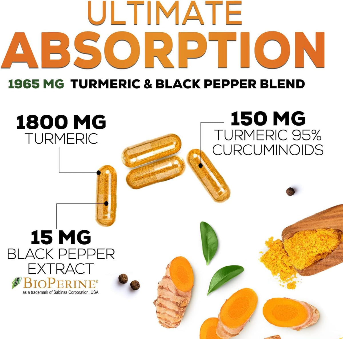 Turmeric Curcumin Supplement 1950mg - 95% Curcuminoids with Organic Turmeric & BioPerine Black Pepper Extract for Best Absorption, Nature's Vegan Joint Support, Non-GMO, Bottled in USA - 120 Capsules