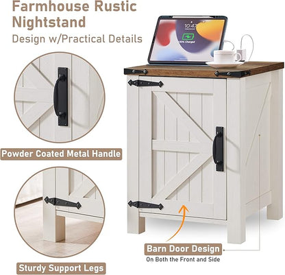 OKD Nightstand with Charging Station, 18 Inch Farmhouse End Table with Barn Door and Adjustable Storage Shelf, Rustic Wood Sofa Side Table w/Magnetic Door for Living Room, Bedroom, Antique White