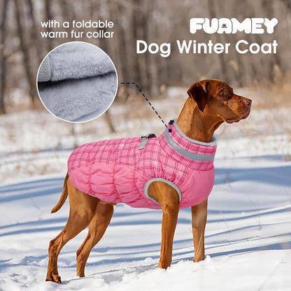 FUAMEY Dog Coat for Large Dogs,Waterproof Dog Winter Jacket with Harness Built in Puppy Cold Weather Coats Reflective Pet Vest with Zipper Warm Fleece Dogs Snowsuit Windproof Rose Plaid XL
