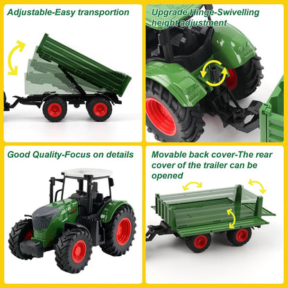 Farm Toys Tractor with Trailer-16.5 Inches Tractor Playset 1/24 Scale Gripper Frontloader Spreader for Boys Kids Toddlers Age 3-7 Years Old