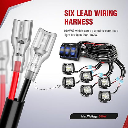 Nilight 16AWG LED Light Bar Wiring Harness Kit 12V On/Off 3 Gang Laser Etched LED Pod Lights Rocker Switch Panel Power Relay Fuse 5Pin Toggle Switch for Cars Boat ATV Trucks-4 Leads, 2 Years Warranty | 12V On/Off 3 Gang Laser Etched Pod Lights Rocker S...
