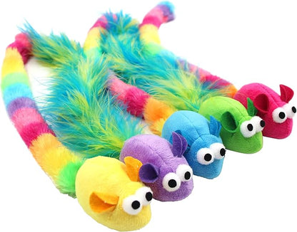 5 Pack Interactive Catnip and Feather Cat Toys, Multi-Colored Mice with Long Feather Tail, Accessories for Indoor Cat, Catnip Plush Toys with Natural Feathers and Rattles