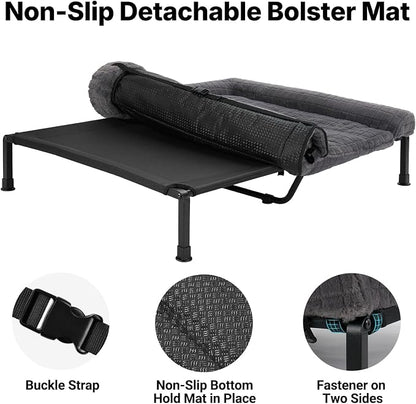 Veehoo Elevated Dog Bed with Fluffy Plush Bolster Cushion, Dog Couch Bed | Cooling Raised Dog Bed for Large Dogs, Washable Orthopedic Pet Cot with Removable Mat, Breathable Mesh, Non-Slip, 48", Grey