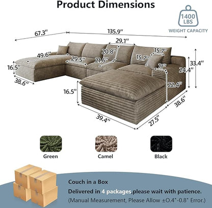 136" Cloud Sectional Couch U-Shaped Chaise with Ottoman, Corduroy Boneless Couch for Living Room Bedroom, Deep-Seat Upholstered Modular Cloud Sofa, No Assembly Required (Camel, Left Facing Chaise)