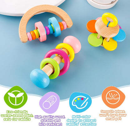 MEWTOGO 3 Pcs Wooden Bunny Toys - Safe Rabbit Toys, Bite-Resistant Guinea Pigs Toys for Chinchillas Hamsters Small Animals Playing Teeth Grinding Indoor Outdoor Bunny Gifts