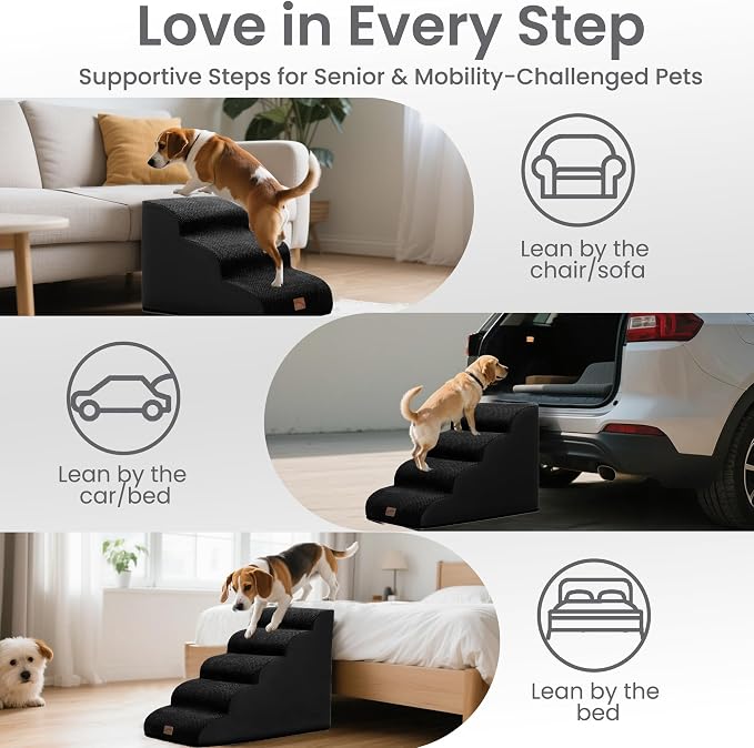 GoGoBunny Ramp Dog Stairs for Couch Sofa and Chair 15.7" H, 3-Step Pet Steps for Small Dogs and Cats, Non-Slip Waterproof Fabric Cover, Stable and Balanced Indoor Step, Pets Friendly, Black