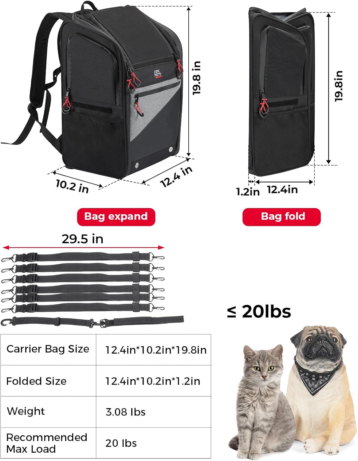 KEMIMOTO Motorcycle Dog Cat Carrier Bags Upgraded for Less Than 20 lbs Pets Carriers Portable Capacity Folding Backpack for Street Glide Road King with Passenger Seat Touring Trike Models Can AMS