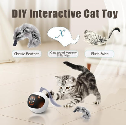 Migipaws Interactive Cat Ball Toy Set, Fun Tracker, Automatic Rolling Chase Ball with Fluffy Tail, A Small Mice, Rechargeable (White)