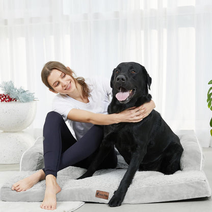 Orthopedic Dog Beds for Large Dogs, Waterproof Dog Beds, Memory Foam Dogs Couch Beds, Comfy Bolster Pet Bed with Removable Washable Cover, Nonskid Bottom (Large,Grey White)