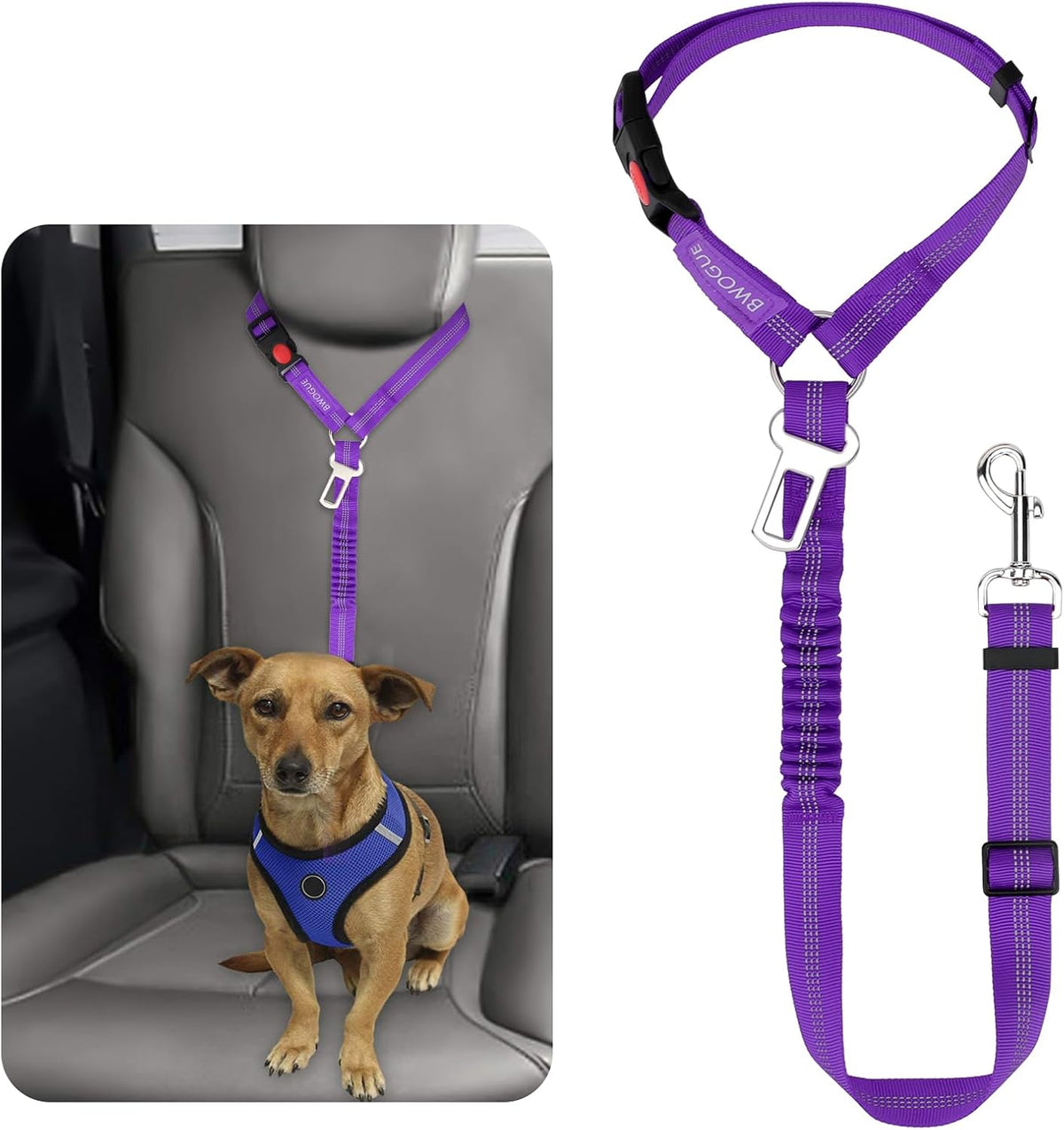 BWOGUE Pet Dog Cat Seat Belt Reflective Car Dog Headrest Restraint Leash Elastic Buffer Bungee Adjustable Tangle-Free Safety Leads Vehicle Seatbelt Harness for Small, Medium and Large Dogs (1 Pack)