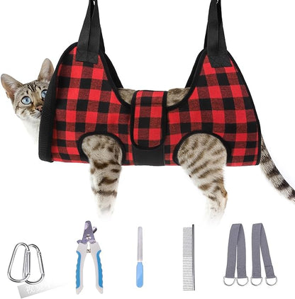 BEAUTYZOO Dog Grooming Hammock Harness for Nail Trimming - Adjustable Pet Restraint Sling for Small Medium Large Dogs/Cats -Secure Hanging Holder for Nail Clipping & Grooming (Christmas Buffalo Plaid)