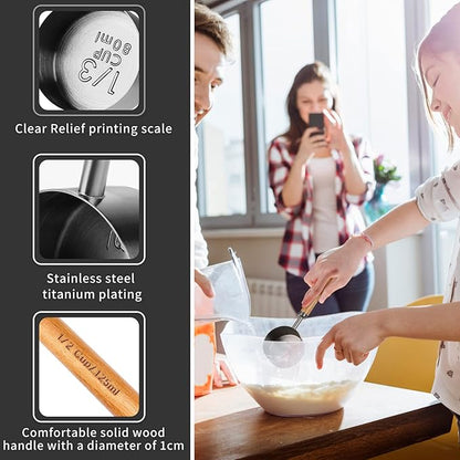 Measuring Cup with Wooden Handle, 3/4 Cup Titanium-plating 180ml Stainless Steel,Dog Food Scoop, Space Gray