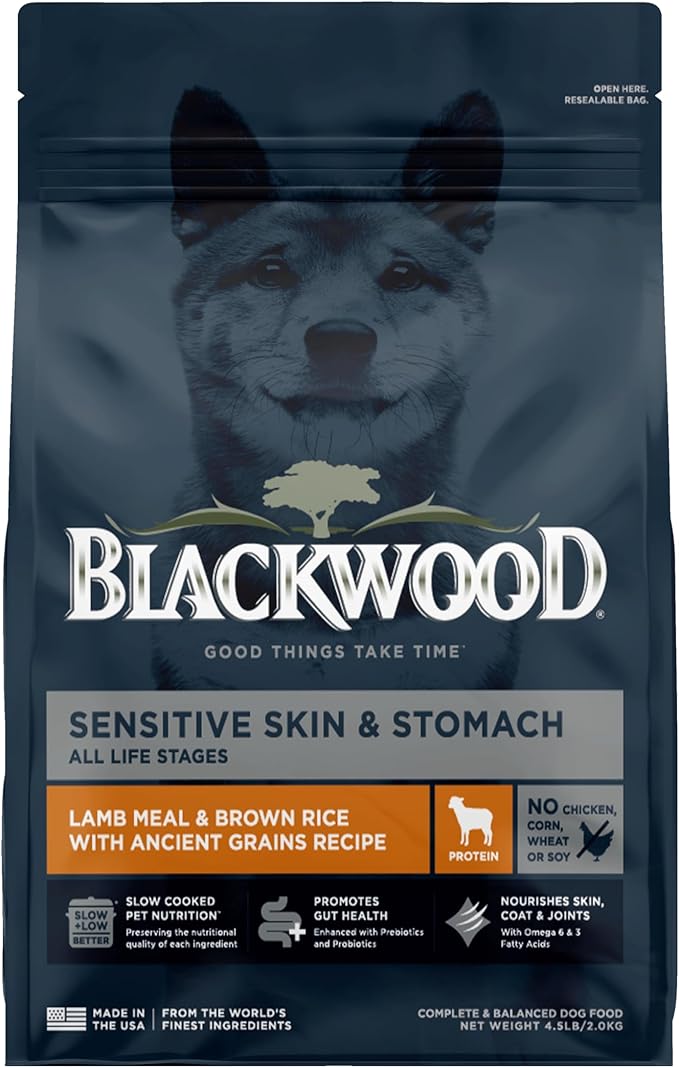 Blackwood Sensitive Skin & Stomach Dry Dog Food, Lamb Meal & Brown Rice with Ancient Grains, 4.5 Pound Bag with Prebiotics & Probiotics to Promote Gut Health