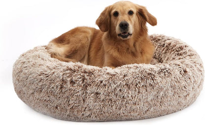 Bedfolks Calming Donut Dog Bed, 36 Inches Round Fluffy for Large Dogs, Anti-Anxiety Plush, Machine Washable (Brown, Large)