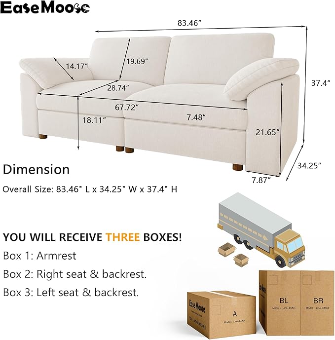 EASE MOOSE Modern Loveseat Sofa for Living Room, Comfty 2 Seat Solid Wood Frame Sofa, FSC Certified Modern Deep Seat Couch, Removable Cover,White