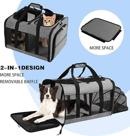 Portable 2-in-1 Pet Carrier,Double Compartment Cat & Dog Carrier for 2 Cats,Expandable Medium Dogs Large Cat Carrier with Sturdy Base,Breathable,Good for Traveling Walking Camping（Grey）