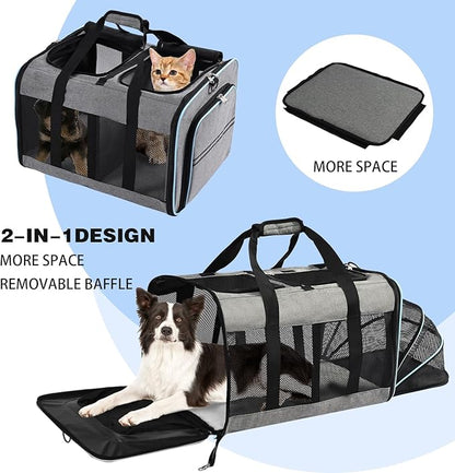 Portable 2-in-1 Pet Carrier,Double Compartment Cat & Dog Carrier for 2 Cats,Expandable Medium Dogs Large Cat Carrier with Sturdy Base,Breathable,Good for Traveling Walking Camping（Blue）