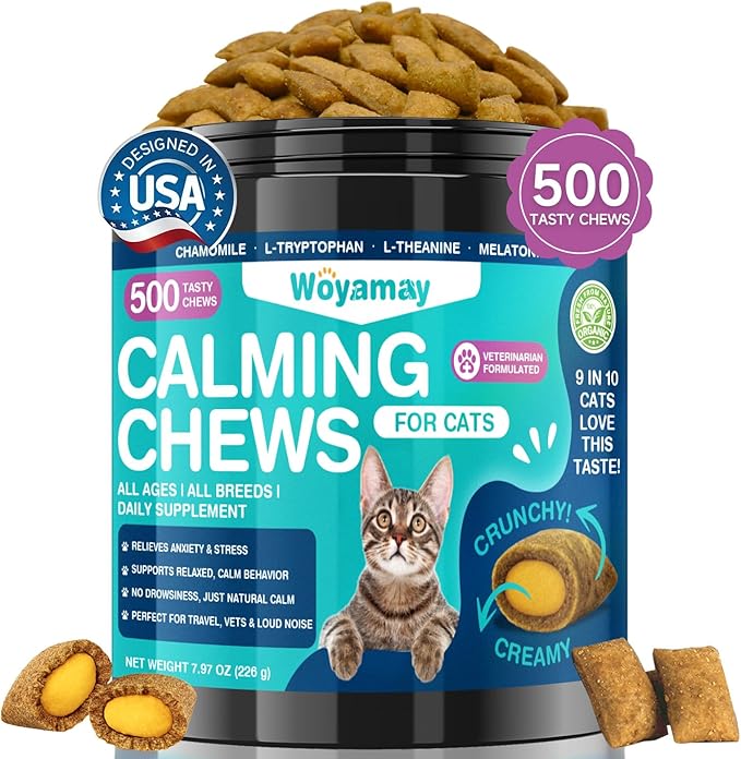 Cat Calming Treats, 500 Crunchy & Creamy Calming Chews for Cats, Natural Calming Cat Treats to Manage Stress & Anxiety, Tasty Calm Chews Supplement, Chicken Flavor