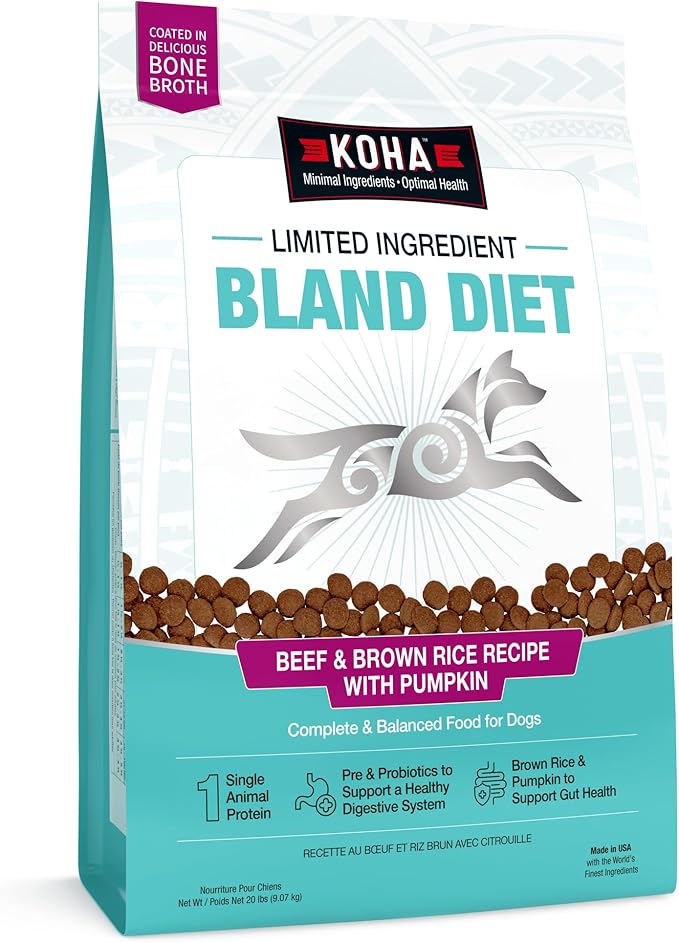 KOHA Limited Ingredient Bland Diet Dry Food for Dogs - Beef & Brown Rice Recipe, Sensitive Stomach Dog Food - Pumpkin for Digestive Support, 20 lbs