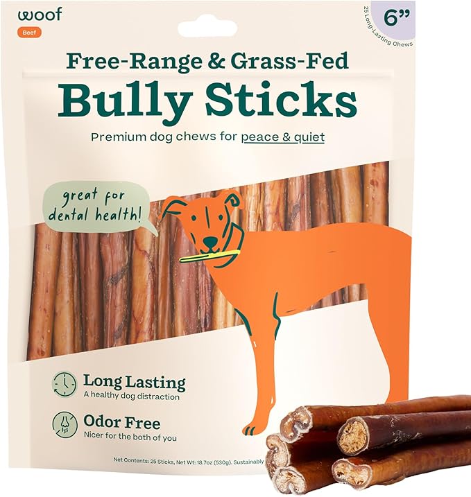 WOOF Bully Sticks Dog Treats - Chew Sticks for Dogs - Long-Lasting Dog Chew Treats - Made with Free-Range, Grass-Fed Beef - 6" Sticks - 25pk