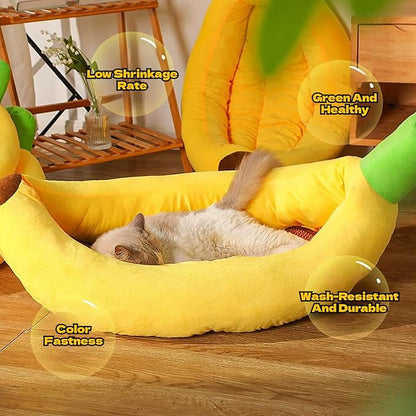 Banana Pet Bed for Small Dogs and Cats, Cozy Enclosed Calming Cave Bed with Removable Plush Cushion for Indoor Kittens Puppies Small Pets (Banana Bed + Bone Toy, X-Large)