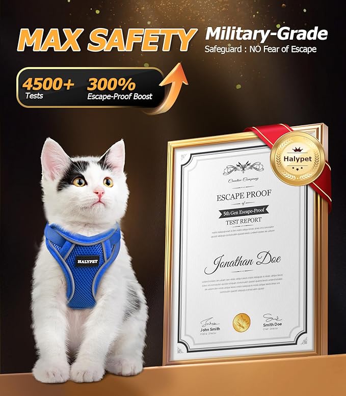 Halypet Cat Harness and Leash Set [MAX Safety 4th-Gen Upgrade] Escape Proof Adjustable Cat Leash Comfortable Soft Vest Easy to Wear Kitten Harness with Reflective Strip for Cats Walking, XS Blue