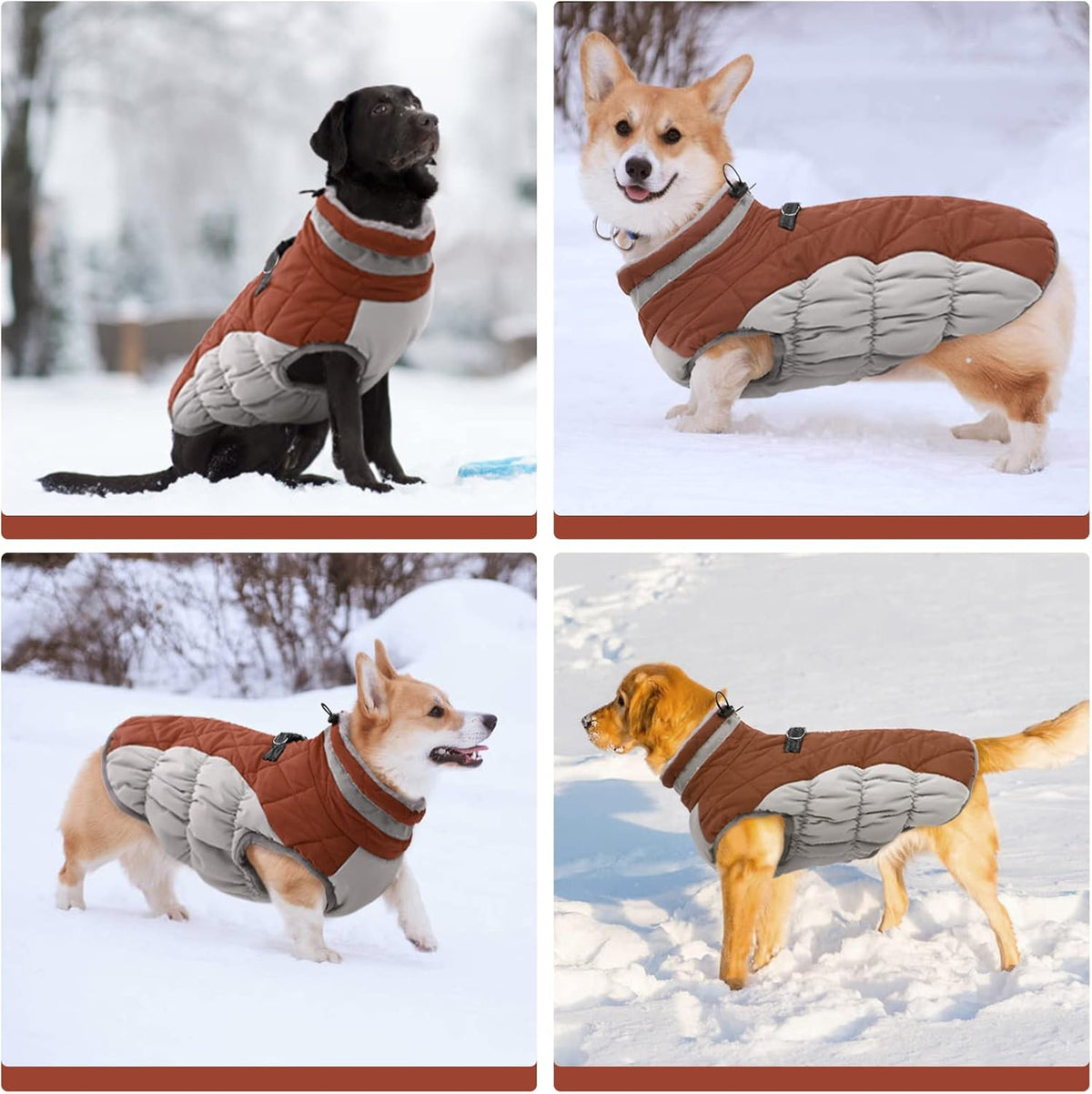 FUAMEY Dog Coat for Large Dogs,Waterproof Dog Winter Jacket with Harness Built in Puppy Cold Weather Coats Reflective Pet Vest with Zipper Warm Fleece Dogs Snowsuit Windproof Brown XL