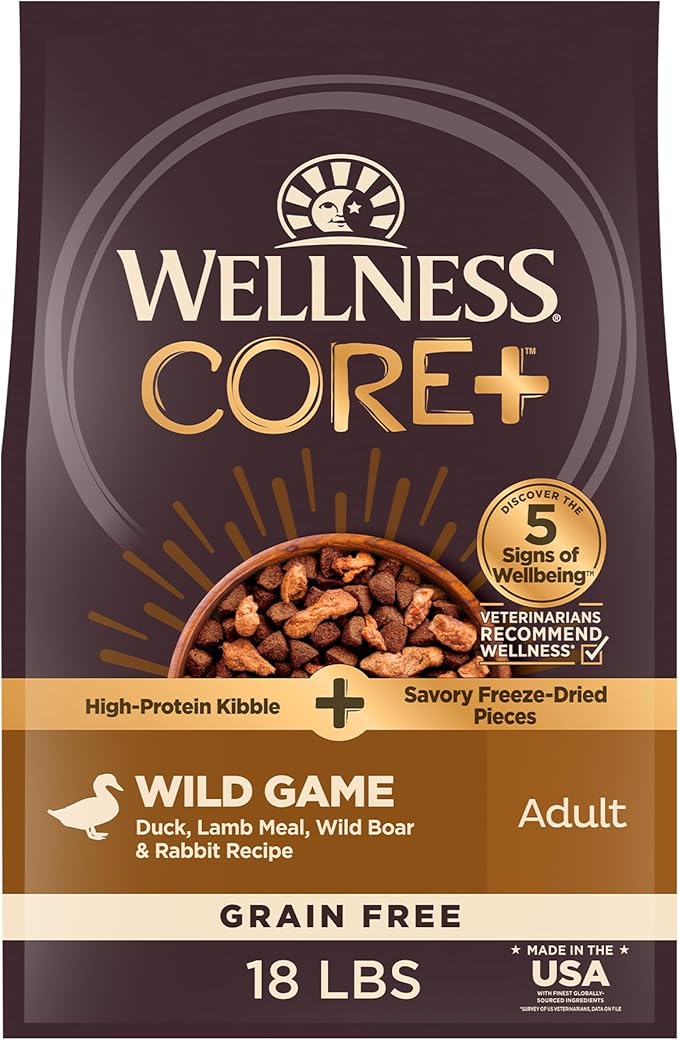 Wellness CORE+ Dry Dog Food with Freeze Dried Pieces, Grain Free, High Protein, Natural, Wild Game Duck, Lamb, Wild Boar, & Rabbit Recipe, (18-Pound Bag)