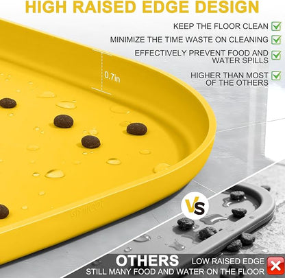 SMILOOL Waterproof Silicone Pet Food Mat with Raised Edge for Dog & Cat | 12" x 12" Non-Slip Small Pet Feeding Mats with Lip for Food & Water Bowl, Food Grade, Easy Cleaning, Vivid Yellow