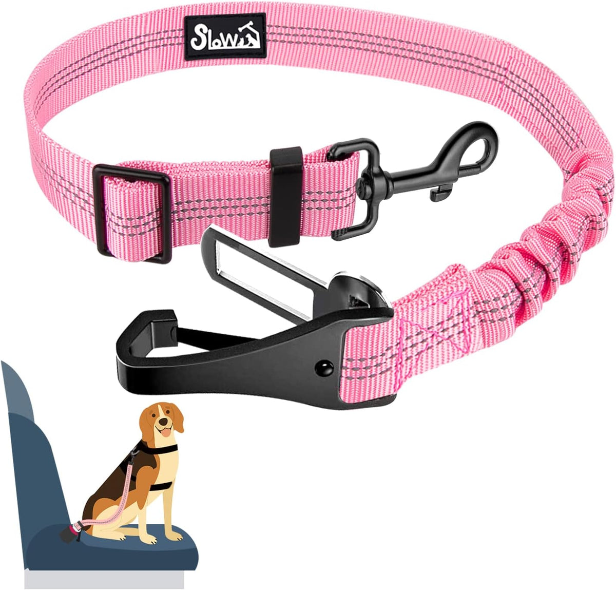 SlowTon Dog Seat Belt, Adjustable Dog Safety Belt Leash, 2 in 1 Latch Bar Attachment Dog Car Seatbelt with Elastic Nylon Bungee Buffer, Reflective Nylon Belt Tether(Pink,35.5in)