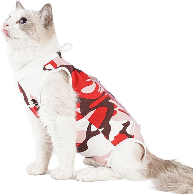 Cat Surgical Recovery Suit, Abdominal Wounds Cone E-Collar Alternative Anti-Licking Or Skin Diseases Pet Surgical Recovery Pajama Suit, Soft Fabric Onesies for Cats (L, Red)
