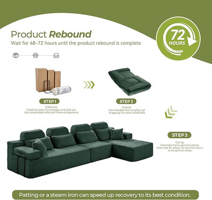 136" L-Shaped Cloud Modular Sectional Sofa with Chaise & Headrest, Boneless Deep Seat Plush Corduroy Couches for Large Living Room, No Assembly Required (Green, 136" L-shapred Chaise)