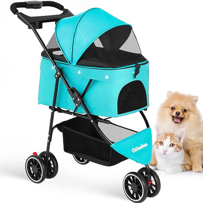 Pet Stroller,Dog Stroller for Small Medium Dogs Cats,3 Wheels,Mint Green | Foldable,with Breathable Mesh Canopy,Cup Holders,Easy Assembly