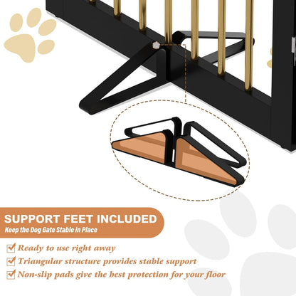 Freestanding Pet Gate for Dogs, Foldable Wooden Dog Gate for House, Indoor Dog Gate for Stairs, Doorways, Step Over Pet Puppy Safety Fence, 80 Inch Wide, 4 Panels 24", Black & Gold