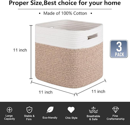 OIAHOMY Cube Storage Basket, 3-Pack Woven Cotton Rope Baskets, 11-Inch Cube Basket with Handles, Great for Shelves, Closets, Children's Toy Organization - White & Brown