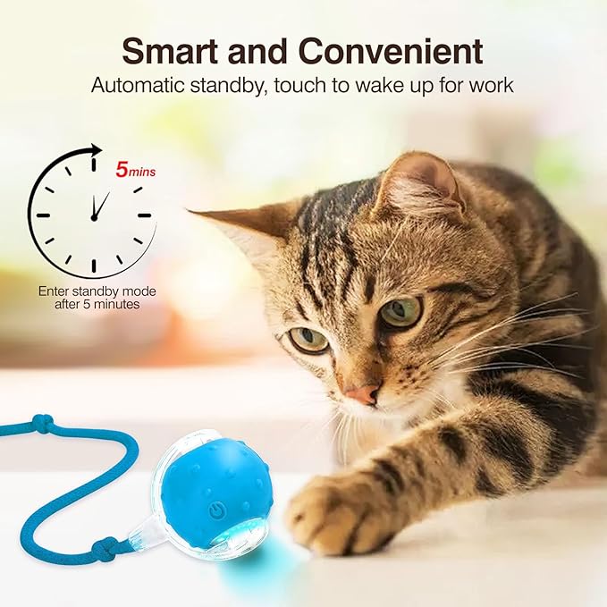 Electric Interactive Cat Toy Ball - Automatic Rolling Silicone Cat Toys for Indoor Cats, Durable Chew-Proof Motorized Kitty Ball with LED Light, Fun Exercise Toys for Bored Kittens（Blue）