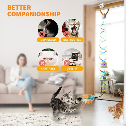 Interactive Cat Toy,Automatic Cat Toy for Indoor Cats,Hanging Door Clip Ribbon 360° Rotation,Feather & Rainbow Cat Stimulating Ribbons Cat Toys for Bored Adult/Kitten Exercise