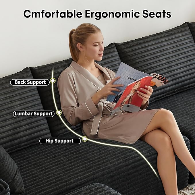 139.4" Modular Sectional Sofa, U-Shaped Minimalist Couches with 2 Middle Seats, Modern Deep Seat Convertible Sleeper Sofa Bed,Cloud Plush Corduroy Fabric, No Assembly Required, 6 Seater, Black